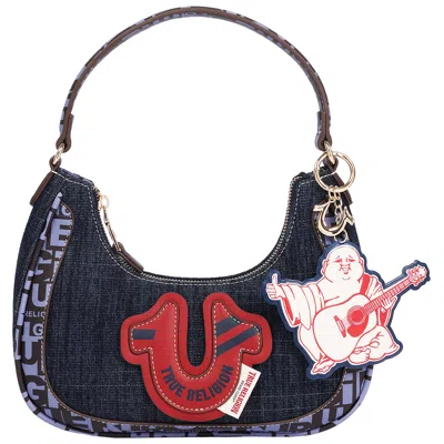 True Religion Graphic Trim Denim Hobo Bag With Buddha Charm In Blue