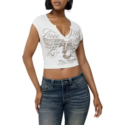 True Religion Heritage Graphic Rib Knit Crop Top In White