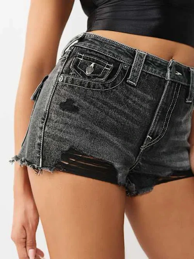 True Religion Frayed High Waist Denim Dolphin Shorts In Black