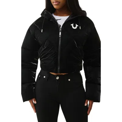 True Religion High Shine Hooded Crop Puffer Jacket In Black