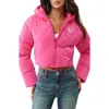 True Religion High Shine Hooded Crop Puffer Jacket In Pink