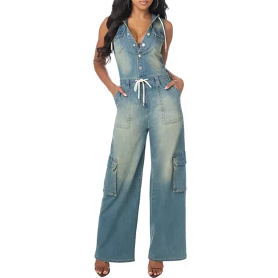 True Religion Hooded Denim Cargo Jumpsuit In Blue