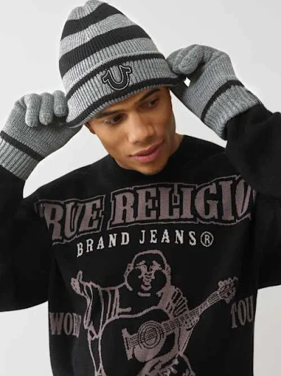 True Religion Horseshoe Beanie And Glove Set In Black