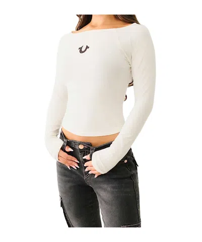 True Religion Horseshoe Boat Neck Long Sleeve Tee In Dongbai