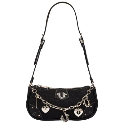 True Religion Horseshoe Chain Denim Shoulder Bag - Charm Detail Zip Top Purse With Adjustable Strap In Black