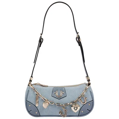True Religion Horseshoe Chain Denim Shoulder Bag - Charm Detail Zip Top Purse With Adjustable Strap In Neutral