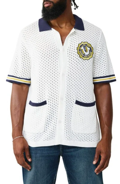 True Religion Horseshoe Crest Openwork Knit Button-up Shirt In White