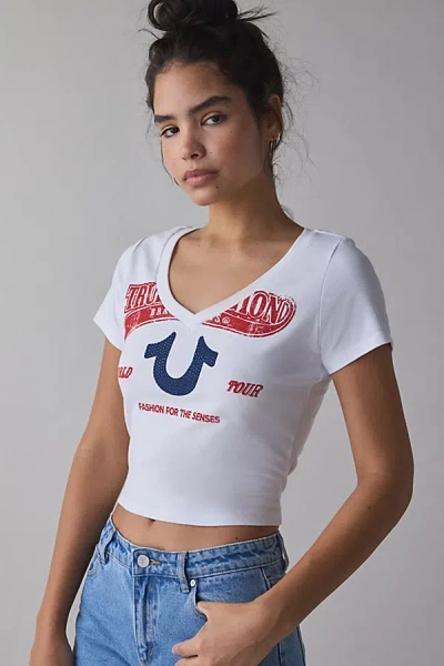 True Religion Women's Crystal Logo V-neck Baby T-shirt In White