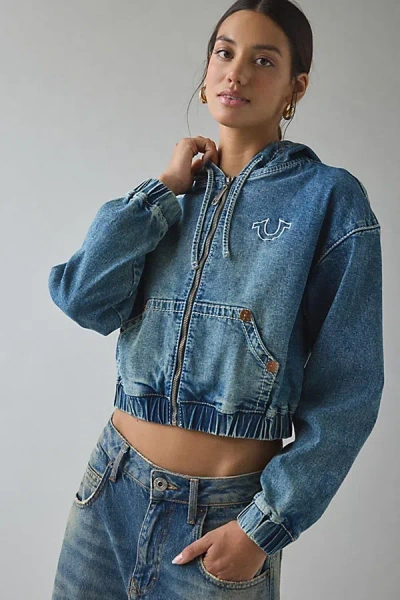 True Religion Horseshoe Graphic Denim Zip-up Hoodie Sweatshirt In Vocal Harmony, Women's At Urban Ou In Blue