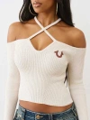 True Religion Horseshoe Lurex Cross Strap Long Sleeve Top In White