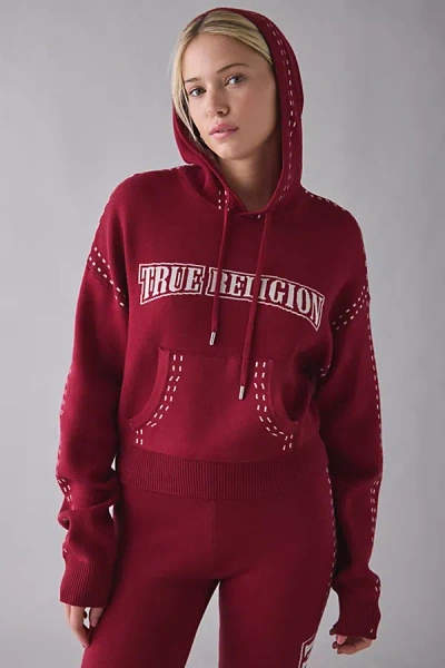 True Religion Jacquard Logo Graphic Sweater Hoodie Sweatshirt In Rhubarb, Women's At Urban Outfitter In Pink