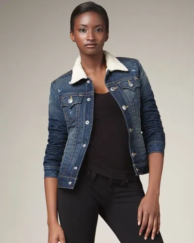 Pre-owned True Religion Jeans Women's Emily Sherpa Denim Jacket Dk Trouble Shooter In Blue