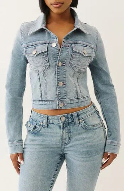 True Religion Jesse Crop Denim Trucker Jacket In Blue