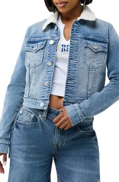 True Religion Jesse Cropped Faux Shearling Collar Denim Jacket In Blue