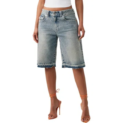 True Religion Jessie Crystal Baggy Longline Jeans Shorts In Blue