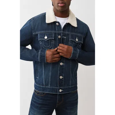 True Religion Jessie Faux Shearling Collar Denim Jacket In Blue