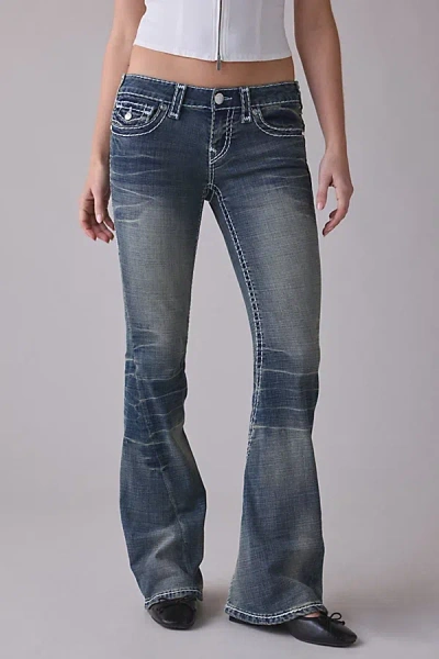 True Religion Joey Dandelion Fade Super-t Flap Low-rise Flare Jean In Washed Black, Women's At Urban In Blue
