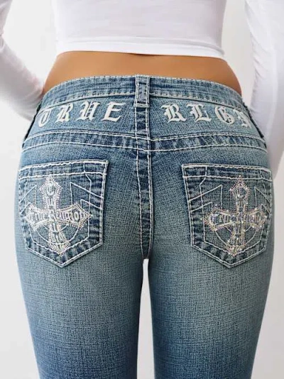 True Religion Joey Mid Rise Big T Cross Flare Jean In Blue