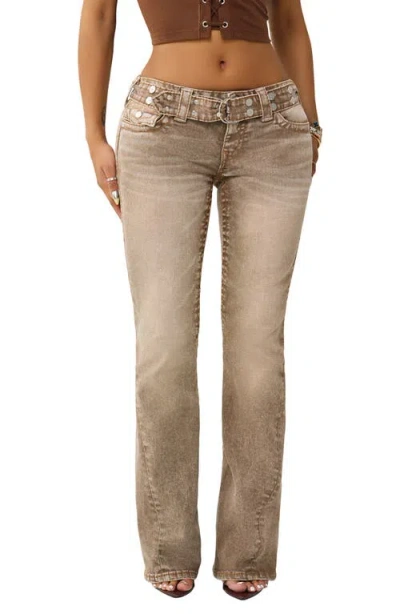 True Religion Joey Stud Belt Low Rise Flare Leg Jeans In Brown