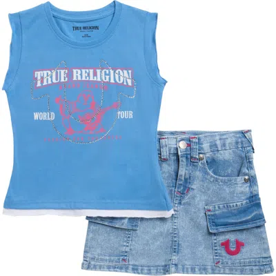 True Religion Kids' Jersey Tank Top & Denim Cargo Miniskirt In Blue