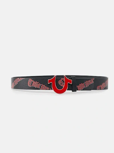 True Religion Logo Allover Print Horseshoe Belt In Black