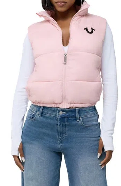 True Religion Logo Cropped Puffer Vest In Dull Pink