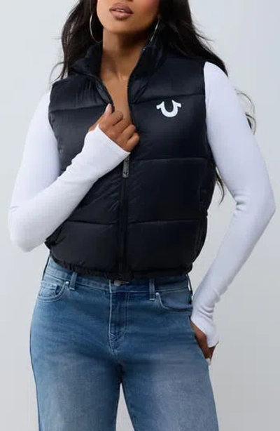 True Religion Logo Cropped Puffer Vest In Jet Black