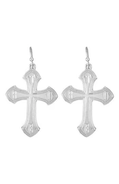 True Religion Logo Cross Drop Earrings In Metallic