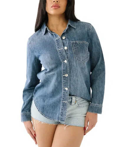 True Religion Logo Denim Shirt In Blue