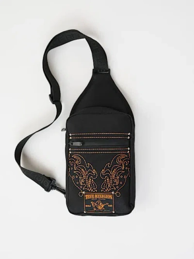 True Religion Logo Embroidered Patch Sling Bag In Black