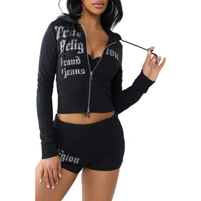 True Religion Logo Graphic Two-way Zip Crop Hoodie In Black