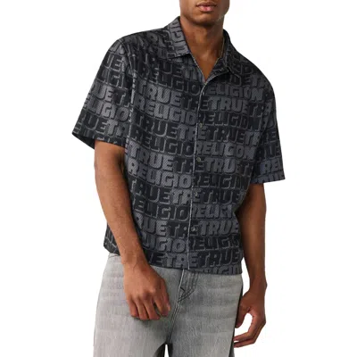 True Religion Logo Mesh Short Sleeve Snap-up Shirt In Black