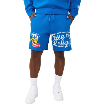 True Religion Logo Patch Cotton Blend Sweat Shorts In Blue