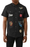 True Religion Logo Patch Short Sleeve Cotton Button-up Work Shirt In Black