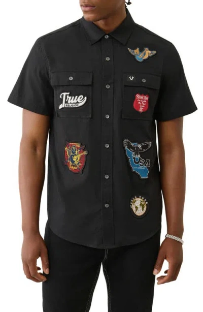 True Religion Logo Patch Short Sleeve Cotton Button-up Work Shirt In Black