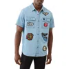 True Religion Logo Patch Short Sleeve Cotton Chambray Button-up Work Shirt In Blue