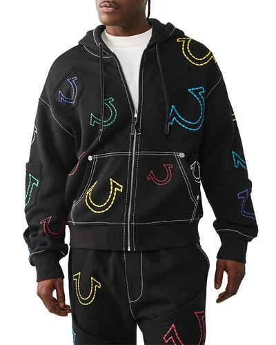 True Religion Logo Patch Zip Up Hoodie In Black