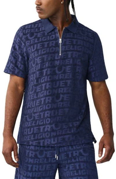 True Religion Logo Terry Knit Zip Polo In Blue