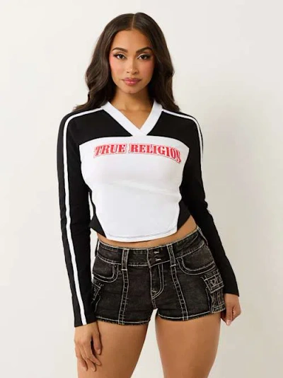True Religion Long Sleeve Logo V Neck Baby T-shirt In White