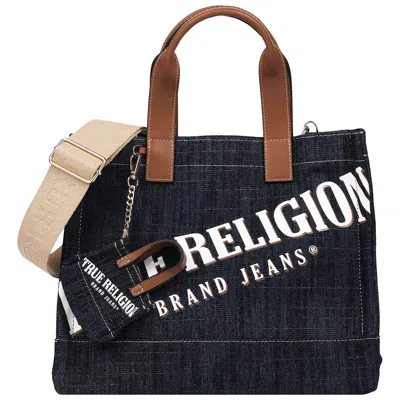 True Religion Medium Logo Denim Tote With Tote Dangle Charm In Blue