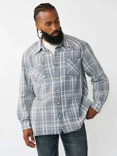 True Religion Men's Bleached Horseshoe Flannel Shirt In Blue