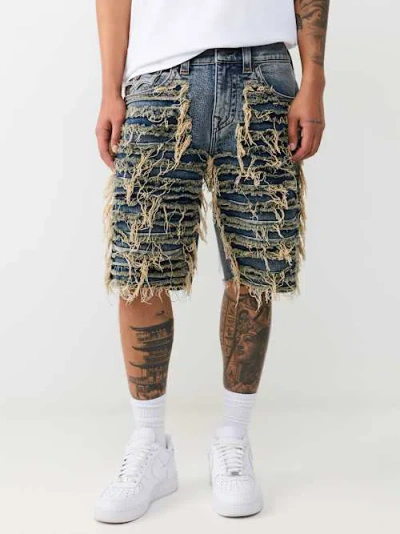 True Religion Bobby Destroyed Denim Shorts In Blue