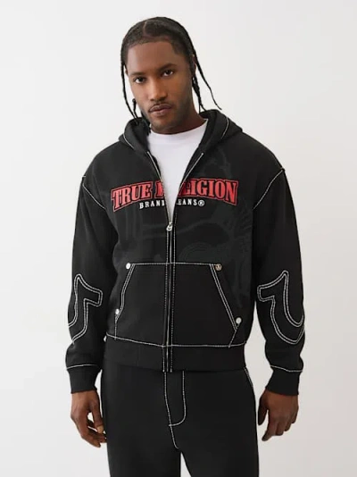 True Religion Cinched Big T Cotton Blend Zip Hoodie In Black