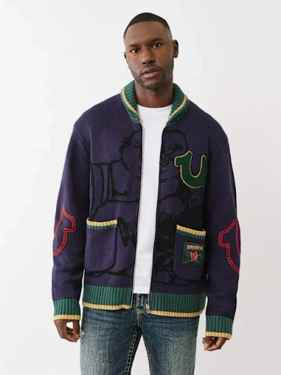 True Religion Men's Chunky Knit Buddha Cardigan In Blue