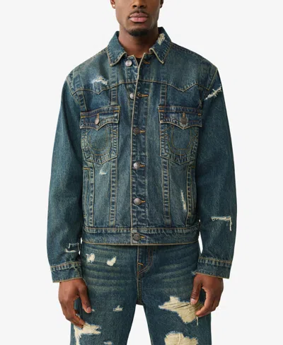 True Religion Men's Collared Destroyed Oversized Jacket In Blue
