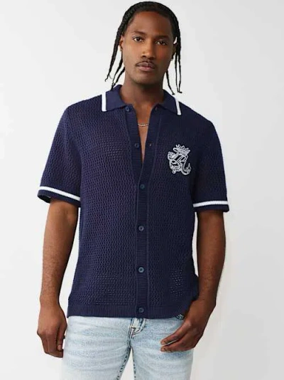 True Religion Crochet Knit Logo Shirt In Blue