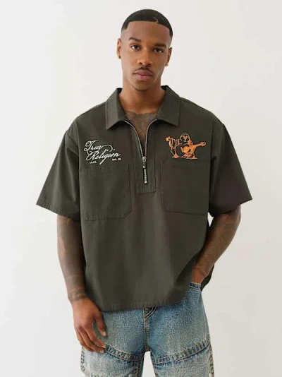 True Religion Men's Double Pocket Zip Up Camp Shirt