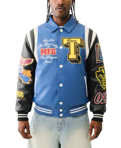 True Religion Men's Faux-leather Logo-patch Colorblocked Varsity Jacket In Galaxy Blue
