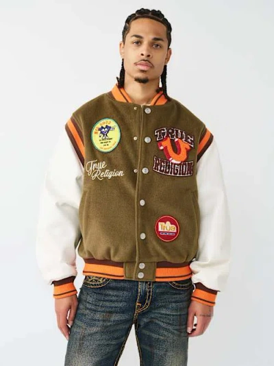 True Religion Garden Logo Retro Varsity Jacket In Brown