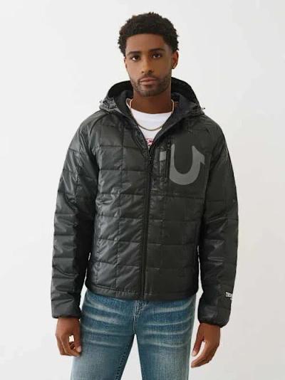 True Religion Men's Geo Quilted Hooded Puffer Jacket In Black